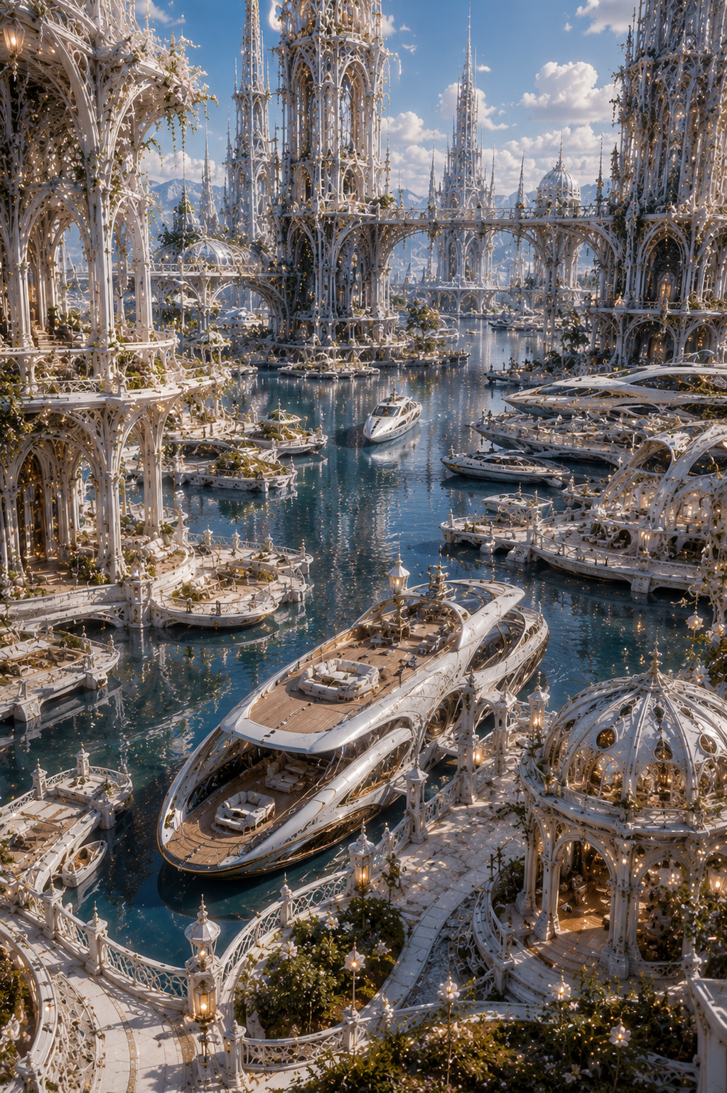 Luxury marina concept with futuristic yachts and white towers