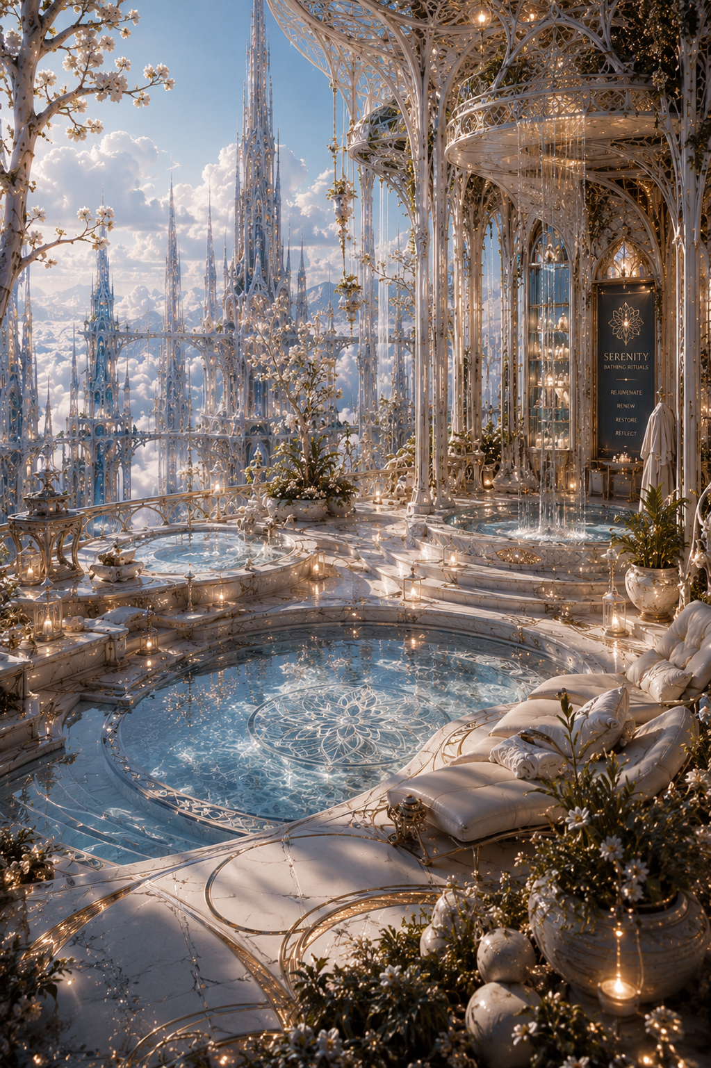 Bright fantasy water world with futuristic architecture and pools
